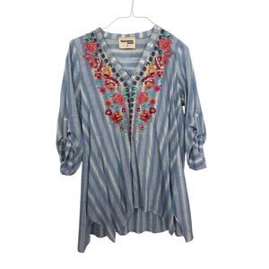 Savanna Jane Women's Blue White Floral Embroidered Oversized Tunic Top Size M